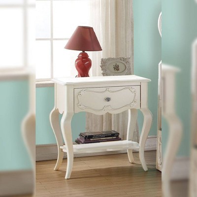 Edalene Pearl White Pine Wood Nightstand with Floral Carving
