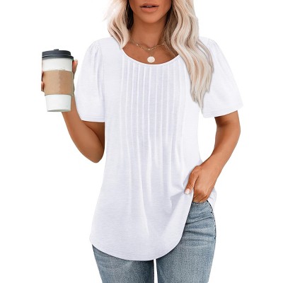 Summer Tops for Women Pleated Shirts Short Sleeve Tunic Tops Scooped Neck Blouses Dressy Casual Tees