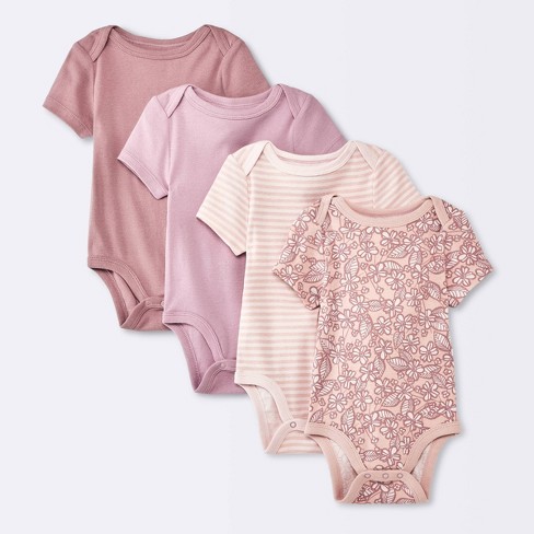 Baby Girls' 4pk Floral Short Sleeve Cotton Bodysuit - Cloud Island™ Pink  0-3m : Target