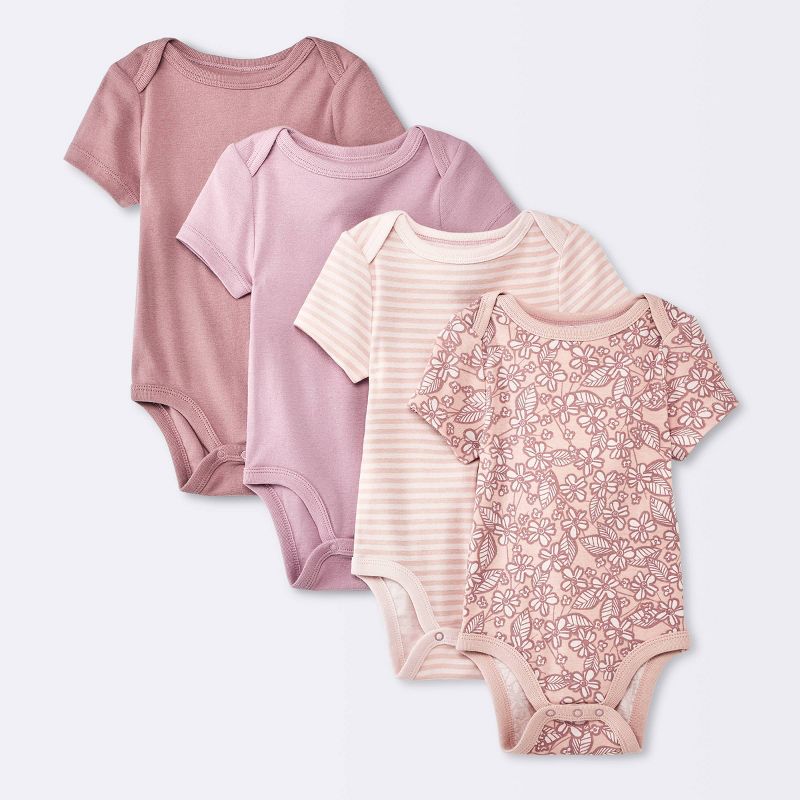 Baby Girls' 4pk Floral Short Sleeve Cotton Bodysuit - Cloud Island™ Pink, 1 of 6