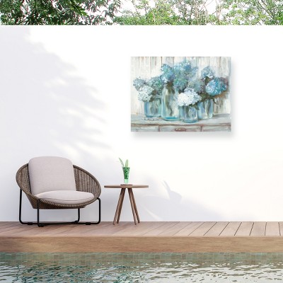 "Hydrangeas In Glass Jars Blue" Outdoor Canvas