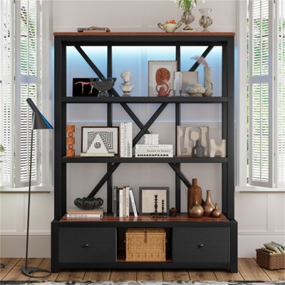 SKRAN 3-Shelf Metal Bookcase with Drawers for Home Office, Open Bookcase, Vintage Industrial Style Bookcase with LED