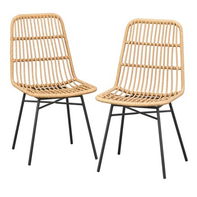 Lifestorey Set of 2 Greenville Dining Chairs Natural: Mid-Century Modern, Rattan & Metal Frame, 250lb Capacity