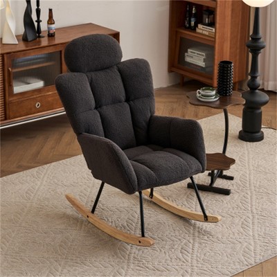 SKRAN Teddy Fabric Upholstered Rocking Chair,Accent Armchair Padded Seat with High Backrest and Pillow for Living Room, Bedroom, Nursery(Dark Gray)