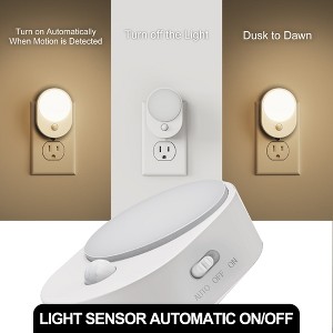YANSUN 0. 6W Plug-in White Motion Sensor OvalNight Light with 3-Mode Dimming, Warm 3000K Soft LED, Auto/On/Off Modes 2 Packs - 1 of 4