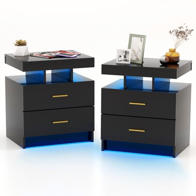 Tangkula Modern LED Nightstand Bedside Table with 2 Storage Drawers with High Gloss Top Remote Control 20 Static Colors & 21 Dynamic Modes for Bedroom