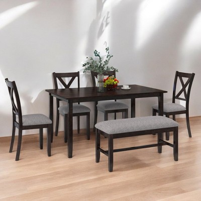 6-Piece Rectangular Dining Table Set with 4 Upholstered Chairs and Bench, Wood Kitchen Table for Family Dining Room