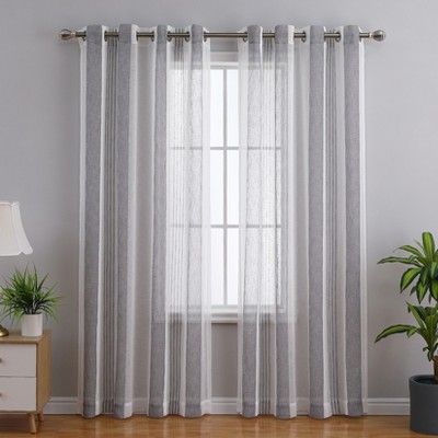 Sheer Curtains for Living Room Bedroom, Bathroom Curtain Window Grommet Voile Drapes, Stripe Farmhouse Curtains Faux Linen 2 Panels