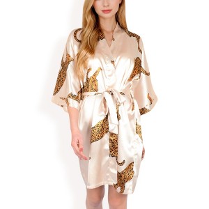 Anna-Kaci Women's Satin Robe with Leopard Print and Tie Waist- Beige,Small - 1 of 4