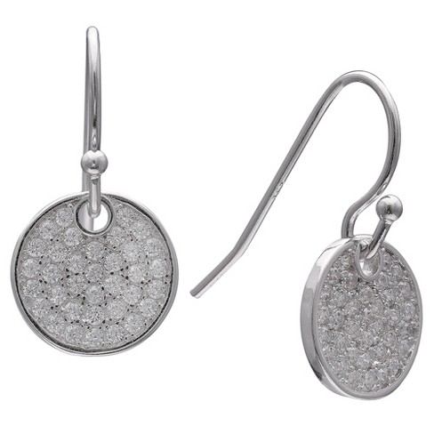 Women's Pave Cubic Zirconia Disc Drop Earrings in Sterling Silver -  Clear/Gray (16mm)