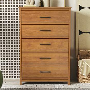 Galano Kellie 5 Drawers Chest of Drawer (47.7 in. H x 31.5 in. W x 15.7 in. D) in Ivory with Knotty Oak, Amber Walnut