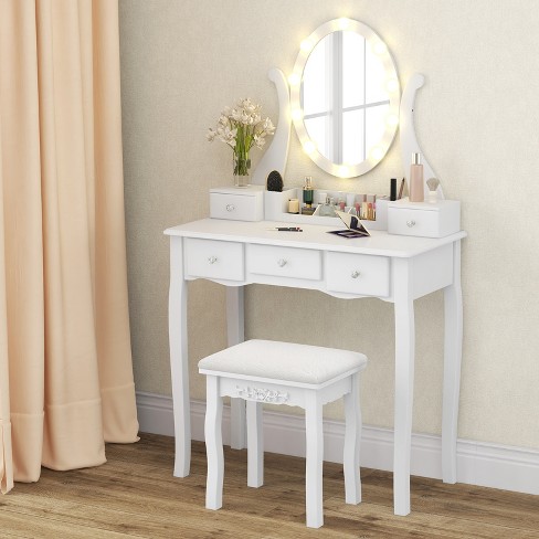 Costway Vanity Table Set Lighted Mirror Storage Drawer Shelf Cushion Stool  : Target