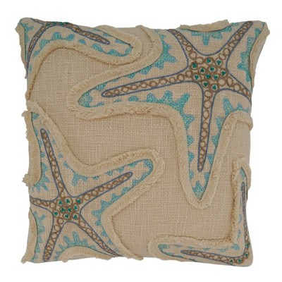Saro Lifestyle Embroidered Starfish Pillow - Down Filled, 18" Square, Aqua