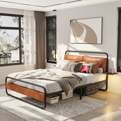 NicBex Queen Metal Bed Frame with Upholstered Headboard,Platform Bed with LED and Wireless Charging Station,Under-Bed Storage,Easy Assembly,Brown