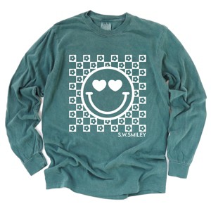 Simply Sage Market S.W.Smiley Checkered Floral Outline Garment Dyed Long Sleeve - 1 of 4