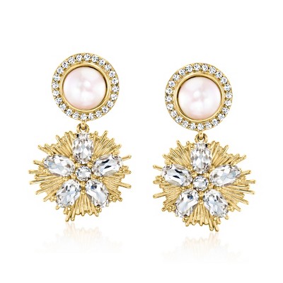 Ross-Simons 7.5-8mm Cultured Pearl and 7.50 ct. t.w. White Topaz Drop Earrings in 18kt Gold Over Sterling