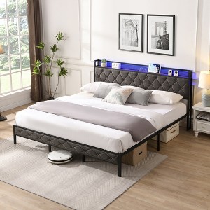 Bed With Storage Headboard, Charging Station And LED Lights, Upholstered Platform Bed Frame With Metal Slats, No Box Spring Needed, Gray - 1 of 4