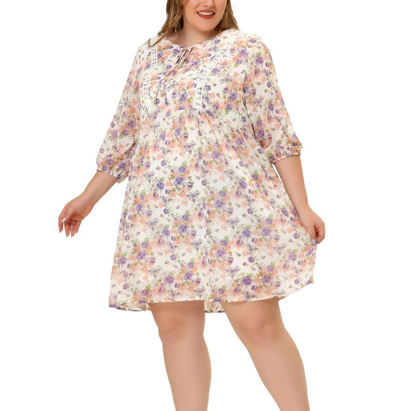 Agnes Orinda Women's Plus Size 3/4 Sleeves Babydoll Crew Neck Lace Floral Flare Retro Dress, 2 of 6