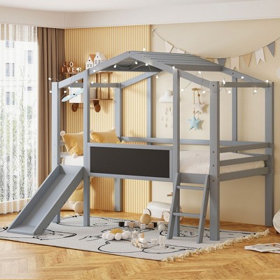 NicBex House Shaped Twin over Twin Loft Bunk Bed, Wooden Bed Frame with Guardrails and Slide for Bedroom