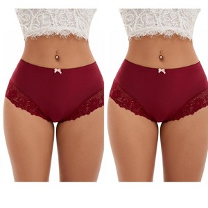 INSPIRE CHIC 2 Pcs Women's Lace Trim High Waist Briefs Seamless Lace Back Underwear Panties - 1 of 4