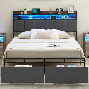 Whizmax Three Size Bed Frame with Headboard and Storage Drawers, Upholstered Platform Bed Frame with Charging Station and LED Lights, Gray - 1 of 4