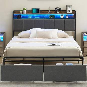 Whizmax Three Size Bed Frame with Headboard and Storage Drawers, Upholstered Platform Bed Frame with Charging Station and LED Lights, Gray
