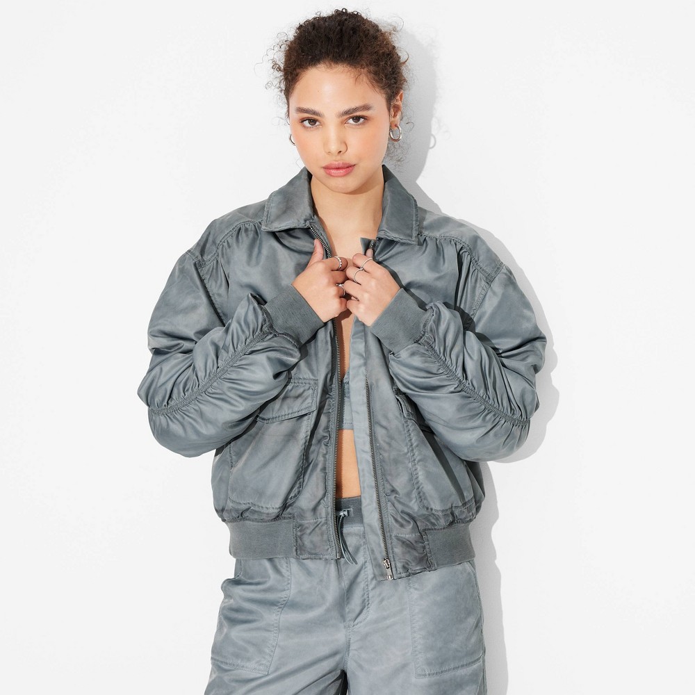 Women's Washed Nylon Bomber Jacket - Wild Fable™ Teal Blue XXS: Recycled Material, Lightweight, Loose Fit, Ribbed Cuffs