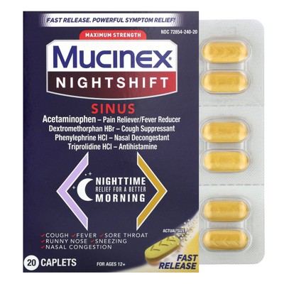 Mucinex Nightshift Sinus, Maximum Strength Powerful MultiSymptom Night Relief, 20 Fast Release Caplets Pain Reliever/Fever Reducer, Cough Suppressant,