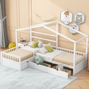 NicBex Twin Size Platform Bed 120" L Modern House-Shaped Pine Bed Frame with 3 Drawers and L-Shaped Beds for Bedroom, No Box Spring Required, White - 1 of 4