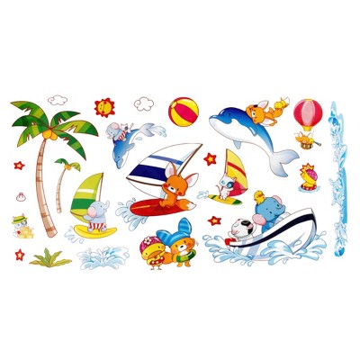 Slickblue Happy Surfing Wall Decals - Removable Vinyl Stickers for Smooth Surfaces, Ideal for Beach-Themed Rooms