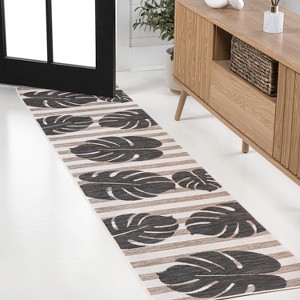JONATHAN Y Allison Classic Beach Stripe and Monstera Leaf Indoor/Outdoor Area Rug - 1 of 4