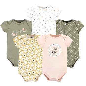 Hudson Baby Infant Girl Cotton Bodysuits, Sage Floral Wreath 5 Pack