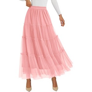 Tulle Skirts for Women 2025 Fall Fashion Elastic High Waisted Fairy Tiered Flowy A-Line Casual Maxi Long Skirt Light Pink - 1 of 4