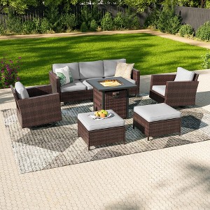 Sonkuki 6-Piece Patio Sofa with Square Fire Pit Table and Swivel Rocking Chairs, Conversation Couch with Cushion - 1 of 4