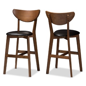 Set of 2 Baxton Studio Eline Mid Century Modern Walnut Finished Wood Faux Leather Upholstered Counter Height Barstools Black: Oval Back, Spot Clean - 1 of 4