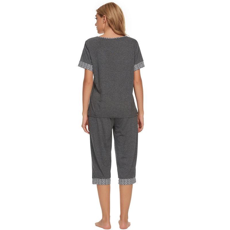 cheibear Womens Round Neck Pajama Set with Capri Pants Casual Lounge Sleepwear, 4 of 6