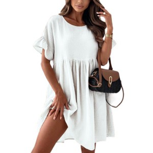 Womens Beach Dress Short Ruffle Sleeve Light and Thin Beach Cover Dress with Round Neck Loose Fit Semi Sheer Linen Babydoll Beach Dress - 1 of 4