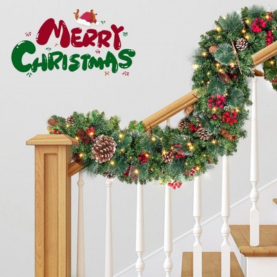 MOEPISY 9FT Luxury Prelit Christmas Garland with Warm White LED Timer Lights