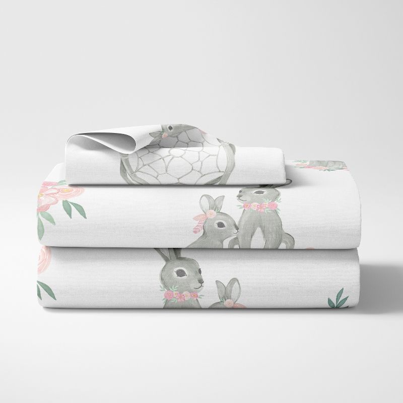 Sweet Jojo Designs Kids Twin Sheet Set Bunny Floral Pink Grey and White 3pc, 3 of 5