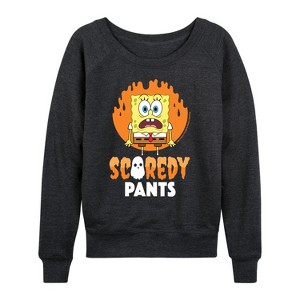 Women's - SpongeBob SquarePants - Scaredy Pants Lightweight French Terry Wide Neck Long Sleeve Shirt - 1 of 4