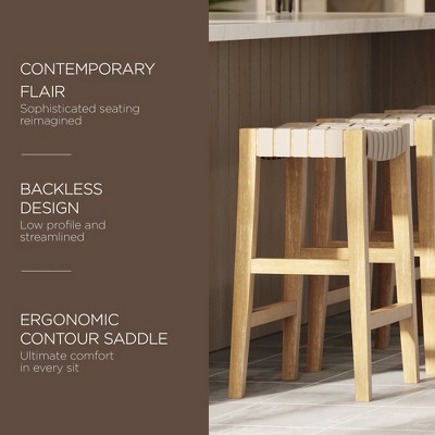 Weathered Natural Wood Backless Saddle Counter Stool with Vegan Leather Seat