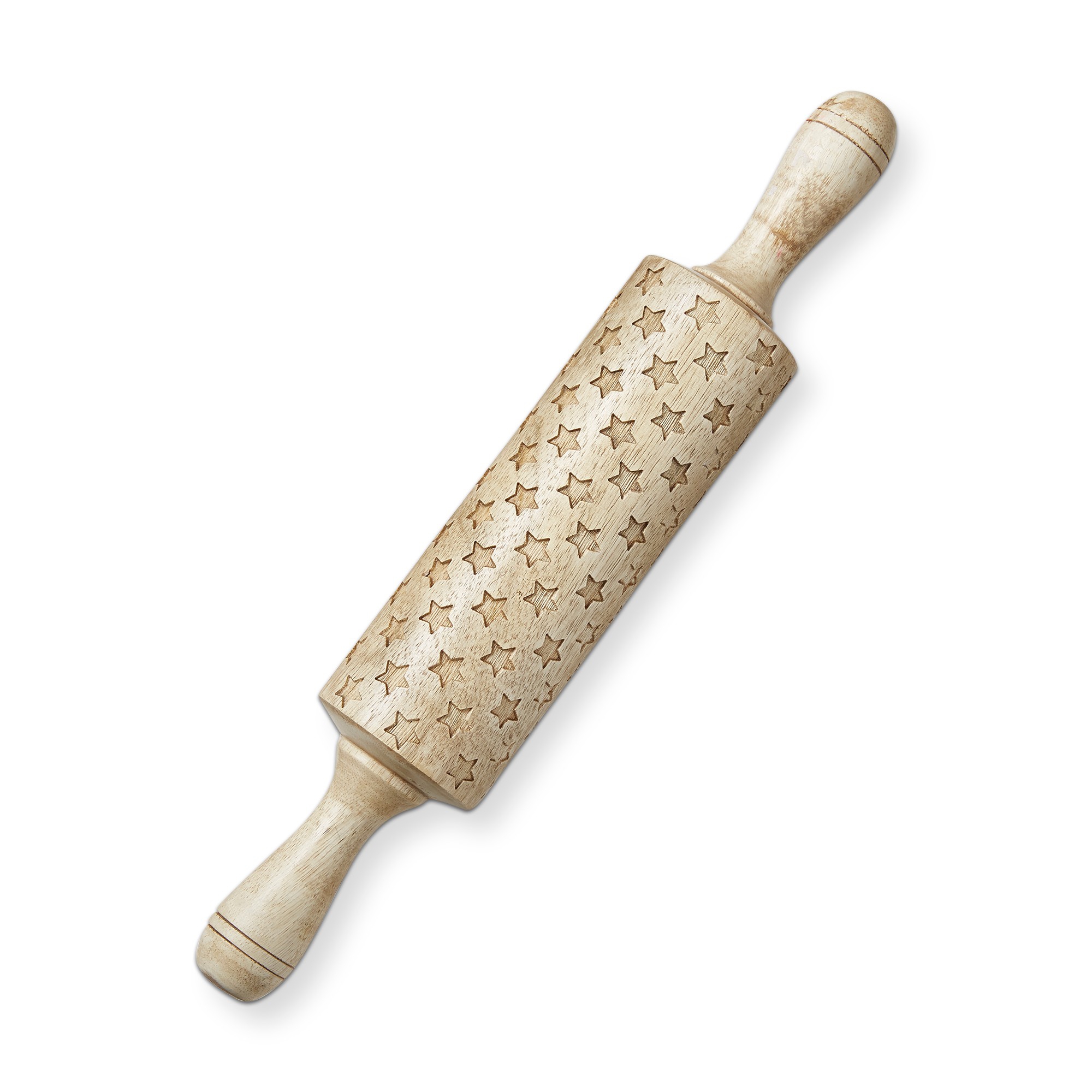 tagltd Stars Embossed Rolling Pin - Handled Wooden Bakeware for Summer Baking - 14" x 2.5" - Hand Wash Only