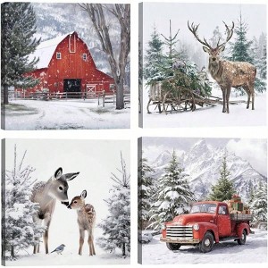 Reindeer Wall Decor Winter Canvas Art Set of 4 Deer in Snowy Forest Painting Farmhouse Xmas Holiday Artwork Framed 12x12 - 1 of 4