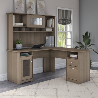Ash Gray Transitional 60W Desk Hutch with Fluted Glass Door