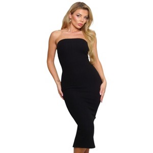 Slickblue Women's Strapless Knit Tube Midi Dress, Center Back Slit, Bodycon Fit, Black/Sky Blue/Yellow, Size S-L - 1 of 4