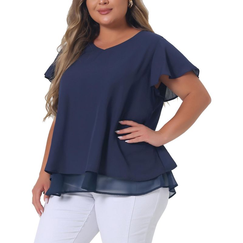 Agnes Orinda Women's Plus Size Casual V Neck Short Flare Sleeve Double Layers Chiffon Summer Blouses, 2 of 6
