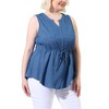 Agnes Orinda Women's Plus Size Sleeveless Shirts Denim V Neck Drawstring Waist Chambray Casual Tops with Chest Pocket - 2 of 4