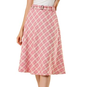 INSPIRE CHIC Women's Tartan Plaid High Waist Belted Vintage A-Line Midi Skirt - 1 of 4