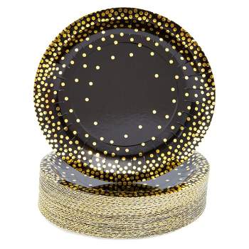 Blue Panda 48-Pack Black and Gold Party Plates, 7 Inch Paper Plates for Birthday Cake and Desserts