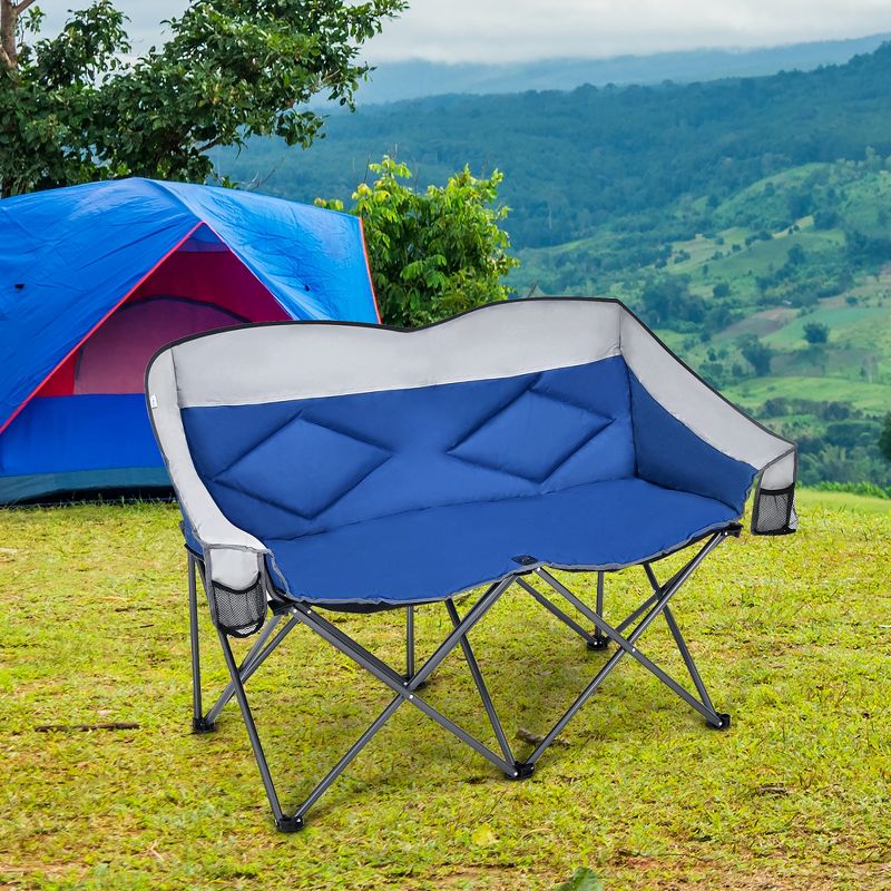 Costway Folding Camping Chair Loveseat Double Seat w/ Bags & Padded Backrest Gray\Blue, 2 of 11